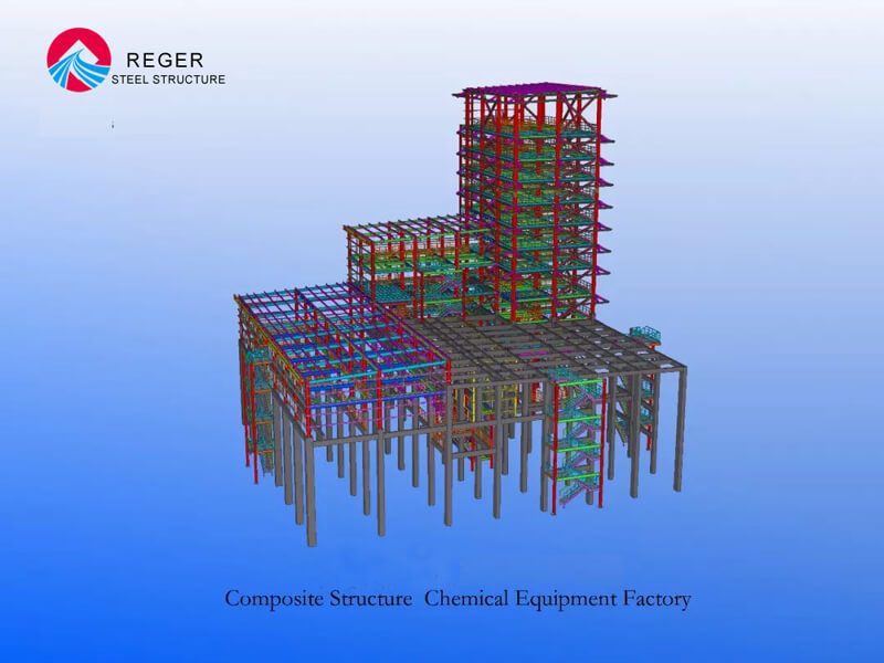 3D чертеж завода стальных конструкций с химическим оборудованием композитной конструкции
